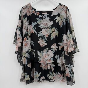 Cb Established 1962 Top Women 22 Black Floral Peplum Kimono Sheer Blouse
